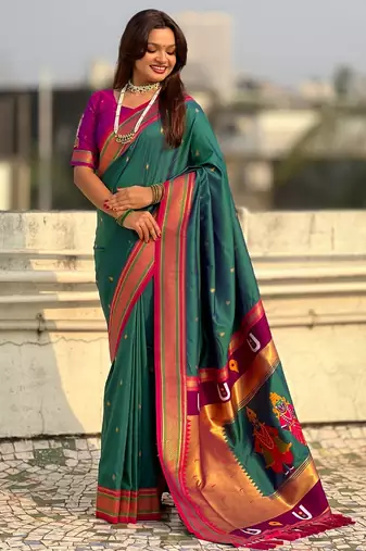 multicolor tilak zari woven soft art silk traditional paithani saree with unstitched blouse