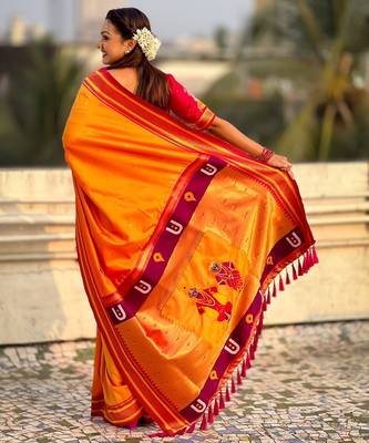 multicolor tilak zari woven soft art silk traditional paithani saree with unstitched blouse 5