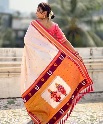 multicolor tilak zari woven soft art silk traditional paithani saree with unstitched blouse 5