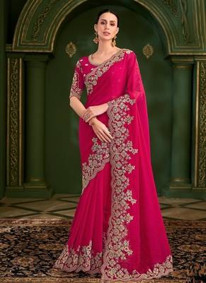 Red shining silk georgette saree & georgette work blouse 1
