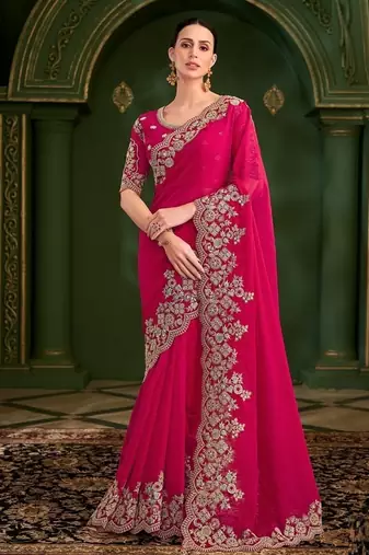 Red shining silk georgette saree & georgette work blouse