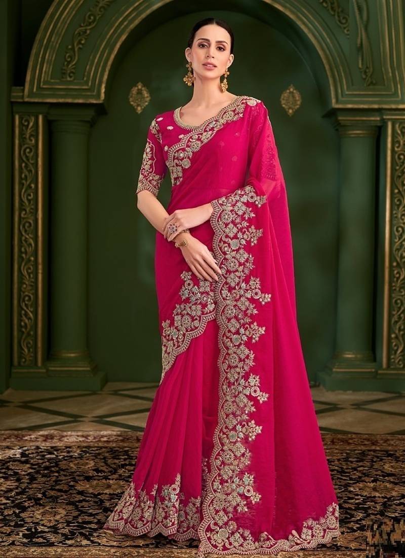 Red shining silk georgette saree & georgette work blouse