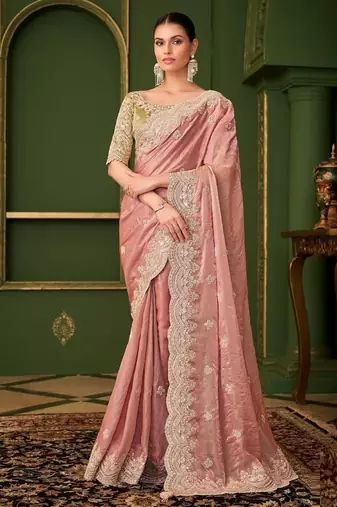 Peach sartin georgette silk saree & tussar silk blouse