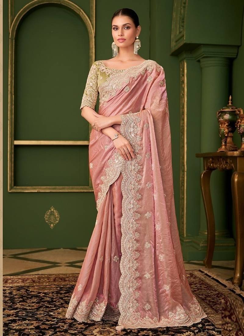 Peach sartin georgette silk saree & tussar silk blouse