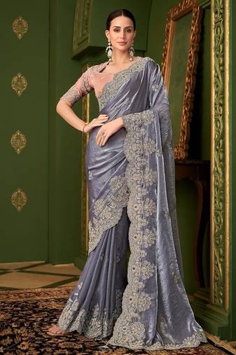 Grey sartin georgette silk saree & tussar silk blouse