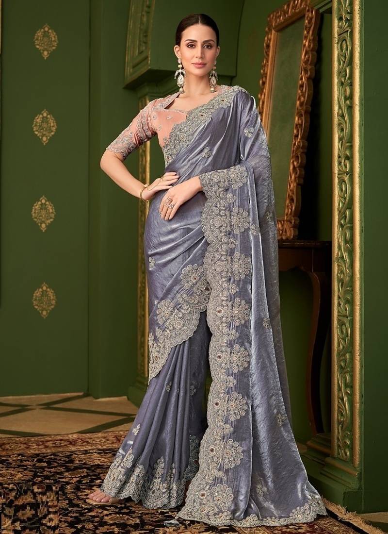 Grey sartin georgette silk saree & tussar silk blouse