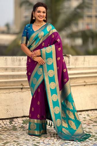 multicolor peacock zari woven soft art silk festive wear saree with unstitched blouse