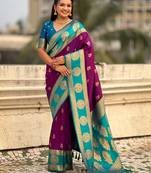 multicolor peacock zari woven soft art silk festive wear saree with unstitched blouse