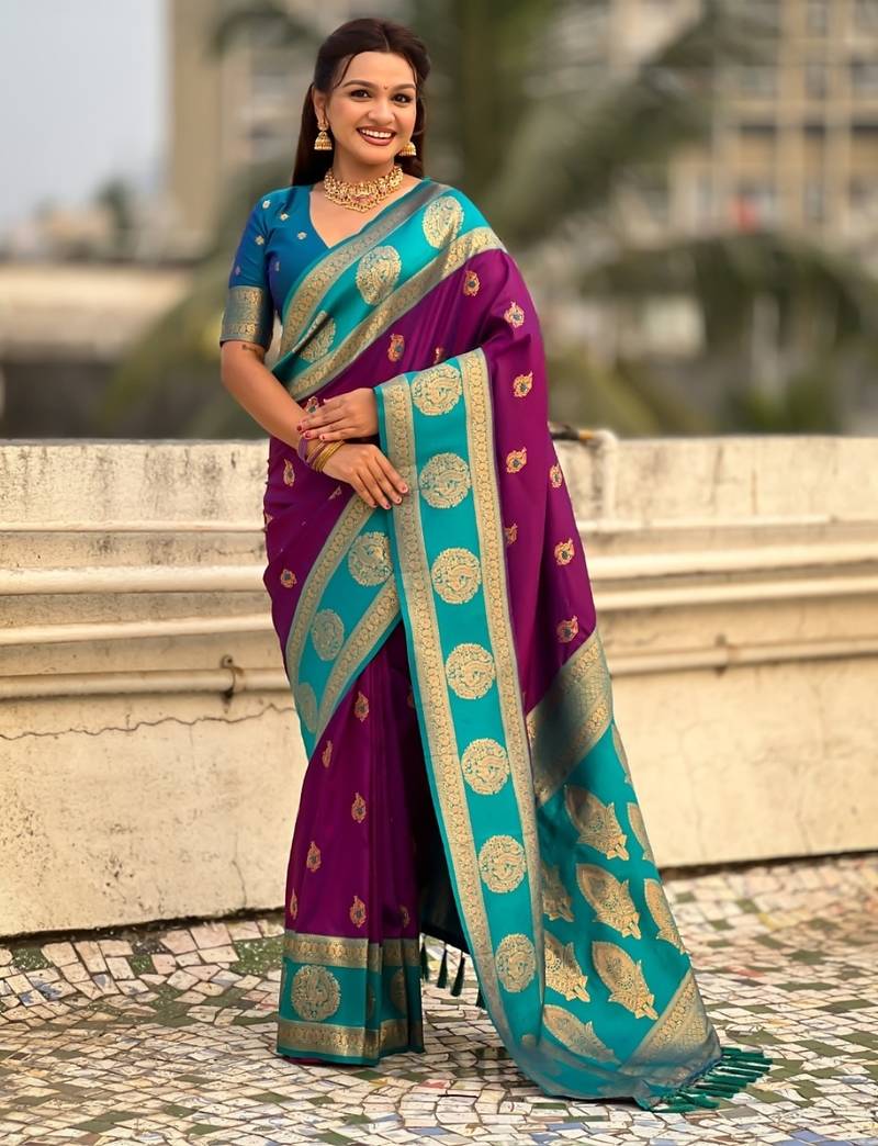 multicolor peacock zari woven soft art silk festive wear saree with unstitched blouse