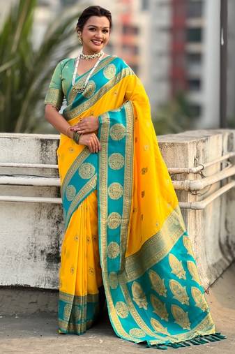 multicolor peacock zari woven soft art silk festive wear saree with unstitched blouse