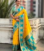 multicolor peacock zari woven soft art silk festive wear saree with unstitched blouse
