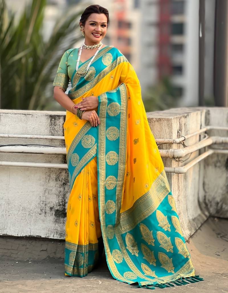 multicolor peacock zari woven soft art silk festive wear saree with unstitched blouse