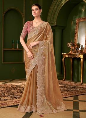 Gold sartin chiffon silk saree & tussar silk blouse 1