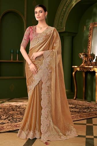 Gold sartin chiffon silk saree & tussar silk blouse
