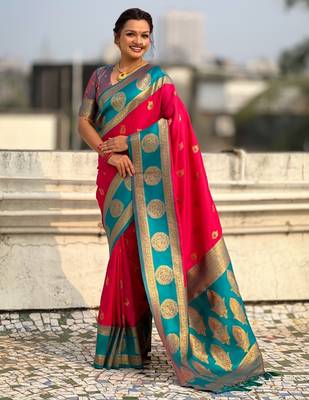 multicolor peacock zari woven soft art silk festive wear saree with unstitched blouse 1