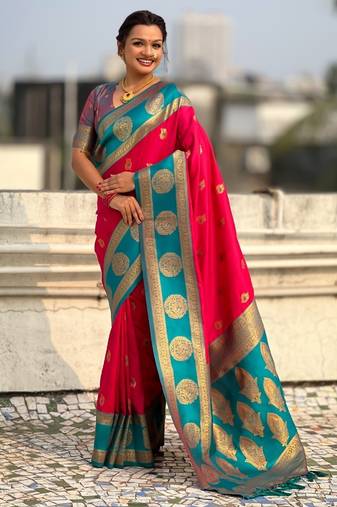 multicolor peacock zari woven soft art silk festive wear saree with unstitched blouse