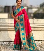 multicolor peacock zari woven soft art silk festive wear saree with unstitched blouse