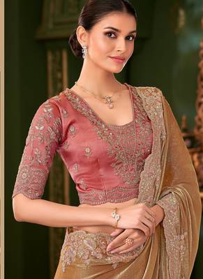 Gold sartin chiffon silk saree & tussar silk blouse 2