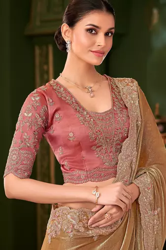 Gold sartin chiffon silk saree & tussar silk blouse