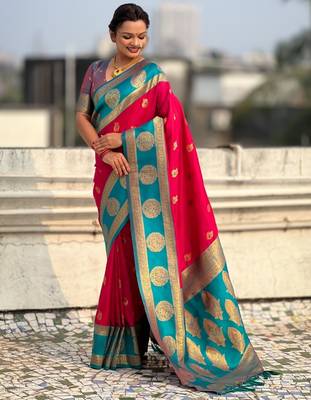 multicolor peacock zari woven soft art silk festive wear saree with unstitched blouse 2