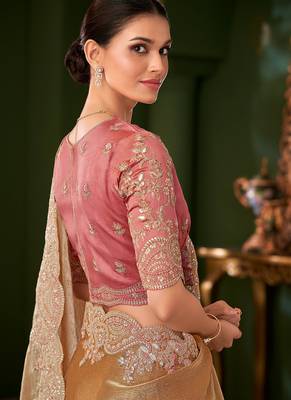 Gold sartin chiffon silk saree & tussar silk blouse 3