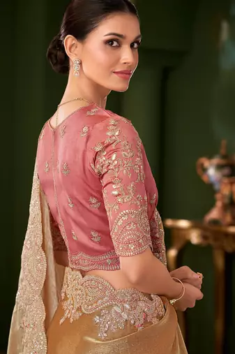 Gold sartin chiffon silk saree & tussar silk blouse