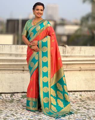 multicolor peacock zari woven soft art silk festive wear saree with unstitched blouse 1
