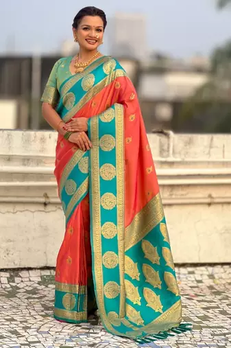 multicolor peacock zari woven soft art silk festive wear saree with unstitched blouse