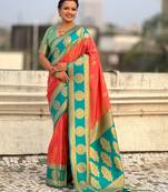 multicolor peacock zari woven soft art silk festive wear saree with unstitched blouse