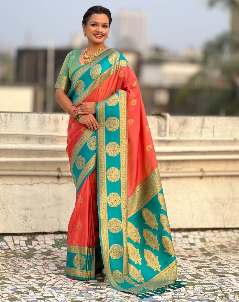 multicolor peacock zari woven soft art silk festive wear saree with unstitched blouse