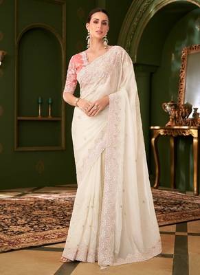 White georgette silk saree & tussar silk blouse 1