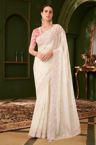 White georgette silk saree & tussar silk blouse