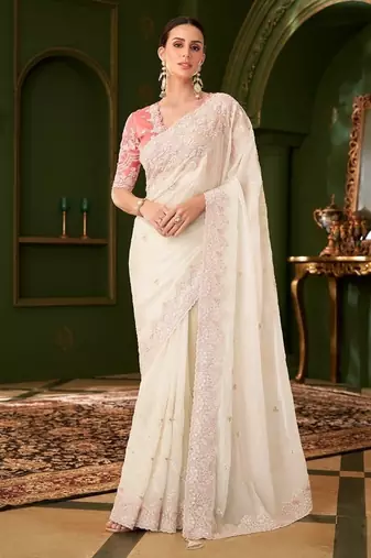 White georgette silk saree & tussar silk blouse