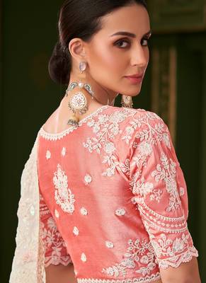 White georgette silk saree & tussar silk blouse 2