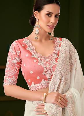 White georgette silk saree & tussar silk blouse 3