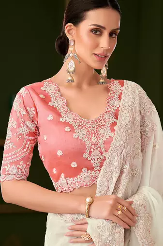 White georgette silk saree & tussar silk blouse