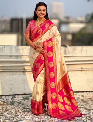 multicolor peacock zari woven soft art silk festive wear saree with unstitched blouse 1