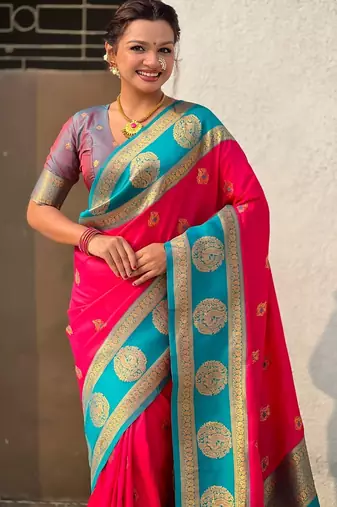 multicolor peacock zari woven soft art silk festive wear saree with unstitched blouse
