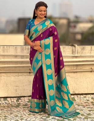 multicolor peacock zari woven soft art silk festive wear saree with unstitched blouse 2