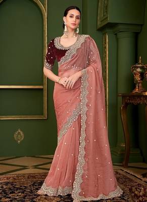 Peach tissue georgette silk saree & velvet silk blouse 1