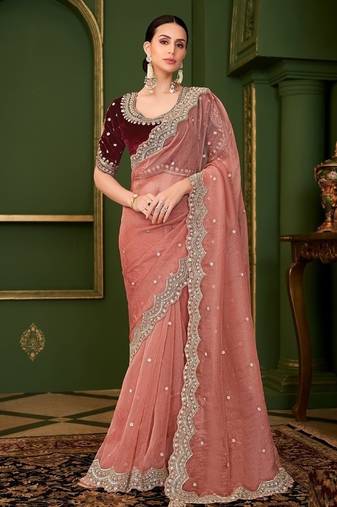 Peach tissue georgette silk saree & velvet silk blouse