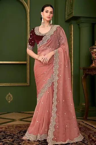 Peach tissue georgette silk saree & velvet silk blouse