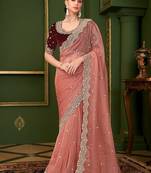 Peach tissue georgette silk saree & velvet silk blouse