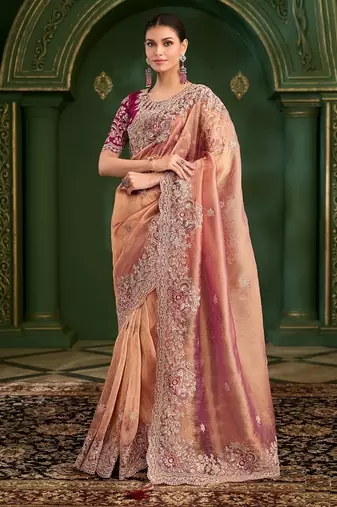 Peach tissue georgette silk saree & velvet silk blouse
