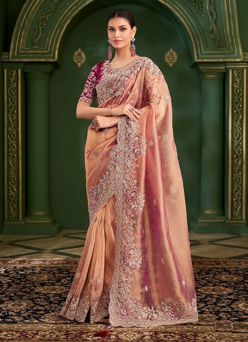Peach tissue georgette silk saree & velvet silk blouse