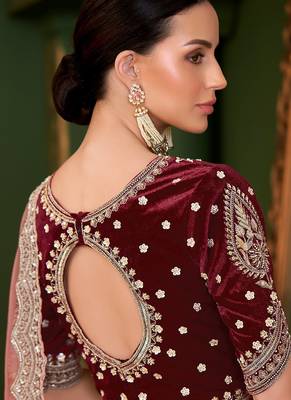 Peach tissue georgette silk saree & velvet silk blouse 3