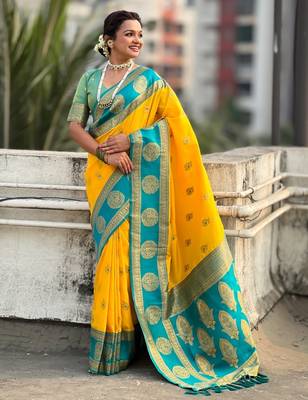 multicolor peacock zari woven soft art silk festive wear saree with unstitched blouse 2