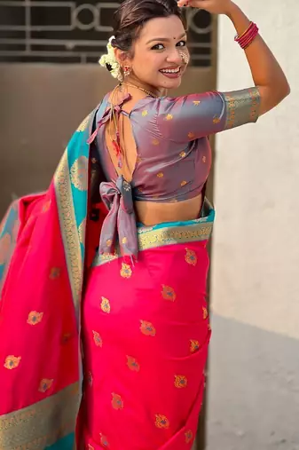 multicolor peacock zari woven soft art silk festive wear saree with unstitched blouse