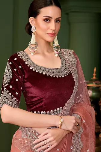Peach tissue georgette silk saree & velvet silk blouse