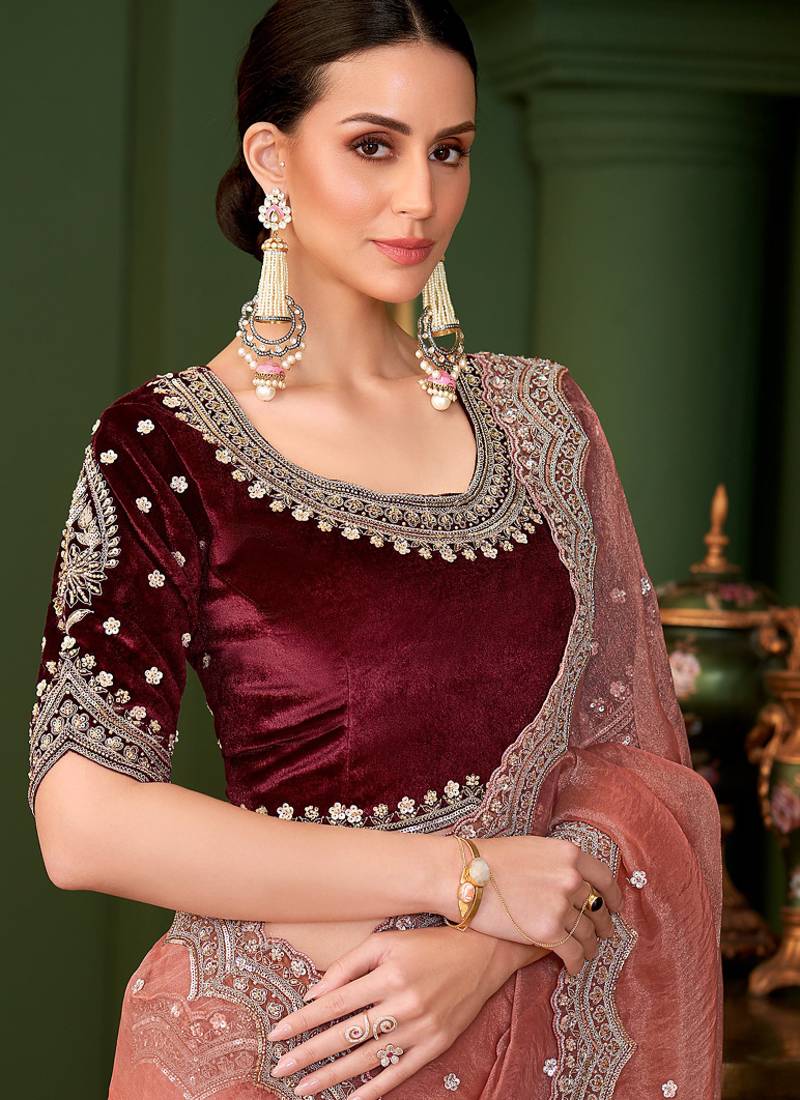Peach tissue georgette silk saree & velvet silk blouse